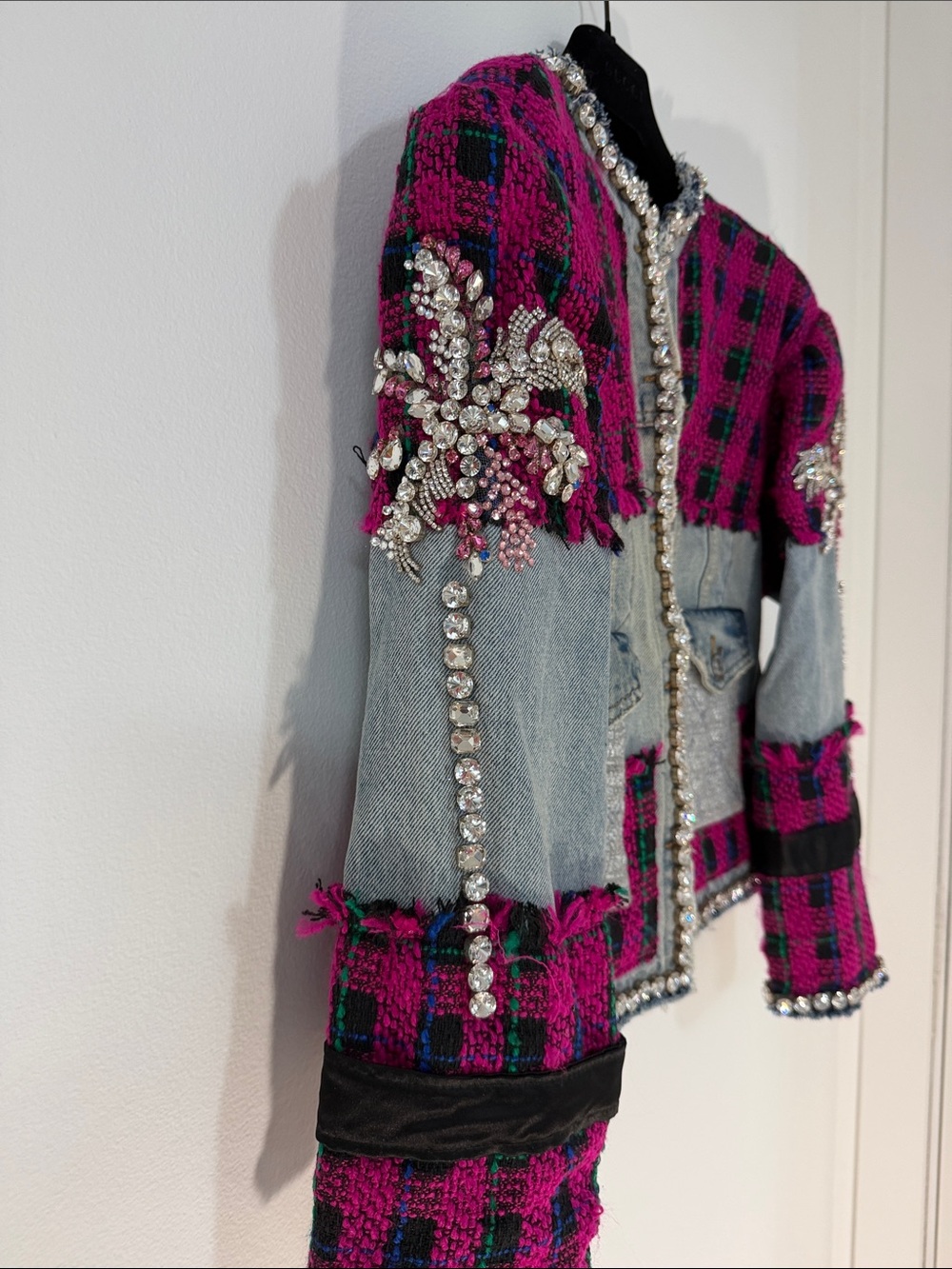 Levy’s Handmade Pink & Black Plaid Tweed and Light Blue Denim Embellished Jacket - Picture 5 of 11